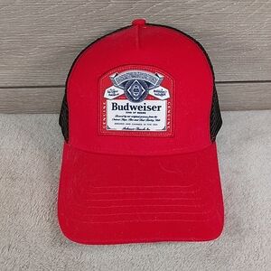 Budweiser Baseball Trucker Style Strap Adjustable Mesh Hat Red Black Embroidered